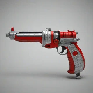 A vintage toy ray gun, full-body view, with a metallic silver and red color scheme, intricate details, and a retro-futuristic design, on a plain white background, in a wide shot, with the gun's handle and barrel clearly visible, in a digital illustration style with bold lines and vibrant colors, on a plain white background, even lighting 