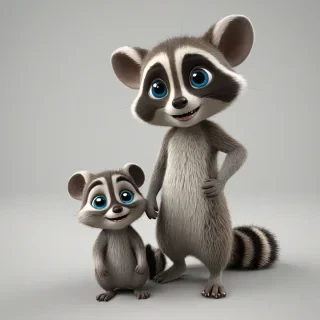 3d cartoon animation, one animal that has a mix of a baby mouse and a baby raccoon, bright and vivid colors, large eyes, short body, round features, tiny nose, tiny feet, cute, happy expression on its face, only one in the shot, full body visible, on a plain white background, even lighting