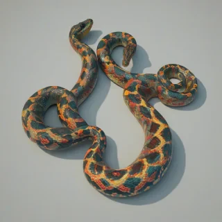 A two-headed snake, full-body view, with one head facing forward and the other head facing backward, on a plain white background, in a digital art style with vibrant colors and dynamic shadows, with a wide-angle shot and a low-angle perspective, with the snake's body curled up in a circular motion, with the two heads at the center, with a backlight and a soft, gradient-like texture, on a plain white background, even lighting 