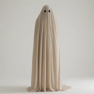 A translucent, tan ghost with a melancholic expression, standing in a wide shot with its feet visible, set against a plain white background, created in a photorealistic style with high attention to detail and texture, incorporating subtle shadows and lighting to enhance the eerie atmosphere, on a plain white background, even lighting 