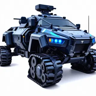 A futuristic combat vehicle with metallic tank treads and a large, dome-shaped tesla coil weapon on top, set against a plain white background, in a wide shot with the vehicle's entire body visible, including its front, sides, and rear, with a dark, muted color scheme and neon blue accents, in a digital art style with sharp lines and detailed textures