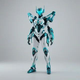 A full-body view of a futuristic mech suit, with a predominantly Cyan color scheme, sleek metallic surfaces, and neon accents, set against a plain white background, with a wide-angle shot and dynamic shadows, in the style of a 3D digital illustration with a Vaporwave aesthetic, on a plain white background, even lighting 