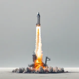 A rocket launching with thick fire and smoke, in a wide shot, with the entire rocket visible from base to tip, on a plain white background, in a digital art style with bold lines and vibrant colors, on a plain white background, even lighting