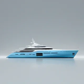 A sleek, modern ship with a sky blue hull, wide shot, full-body view, on a plain white background, in the style of modernism, with clean lines, geometric shapes, and a sense of dynamism, with the ship's bow facing forward, and its stern visible, with a subtle gradient of sky blue to lighter blue towards the top, and a few portholes and a mast visible, in a digital art style with bold brushstrokes and vibrant colors, on a plain white background, even lighting