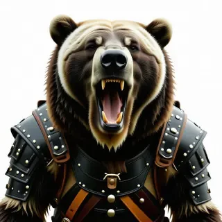 A grizzly bear wearing black leather armor. The bear is roaring, its sharp teeth are white and it's fur is matted