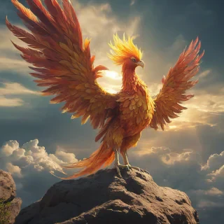 A mythical phoenix in a full-body view, with vibrant orange and yellow plumage, standing on a rock, set against the clouds, in a wide shot, with the sun shining down and a slight glow around its body, in a digital art style with bold lines and bright colors, with a sense of dynamic movement and energy