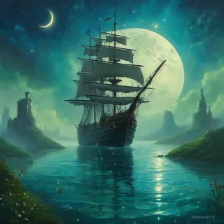 Ethereal Marc Simonetti style scene: blue steampunk sail ship floats through calm green water with mist, under crescent moon and starry night sky