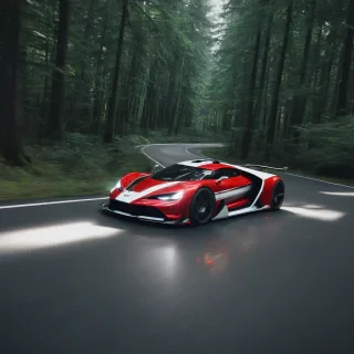 High tech futuristic racecar, red color with two white racer stripes on the hood, glowing tire rims, sleek design, driving on a road in a forest
