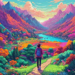 Vibrant pixel art of a person looking at a colorful pixel art landscape with bright colors, pastel hues, and soft brushstrokes