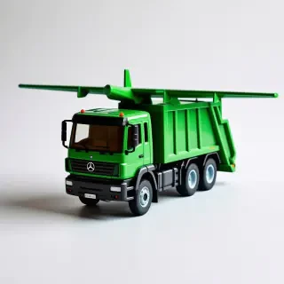 toy green trash truck with front lifting arms and airplane wings attached to the sides