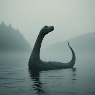 A detailed, full-body view of the Loch Ness Monster, also known as 'Nessie', a mysterious, serpentine creature with a long neck, swimming in the deep, dark waters of Loch Ness, Scotland, with a misty, mystical atmosphere, in a digital art style, with soft, muted colors, and a wide-angle shot, on a plain white background, on a plain white background, even lighting