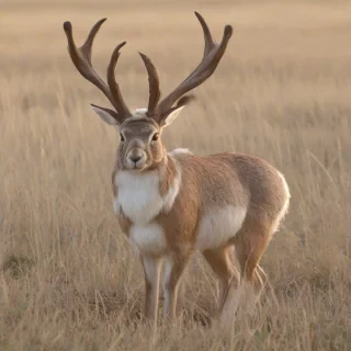 A mythical jackalope, full-body view, with brown and white fur, long ears, and antlers, standing in a prairie, in a wide shot, with soft natural lighting and a slight glow effect, in the style of a digital illustration