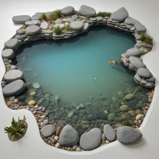 small, clear blue pond with rocks around the pond, with a small dock in the pond, in a hand cut out, flat art style, on a plain white background, even lighting