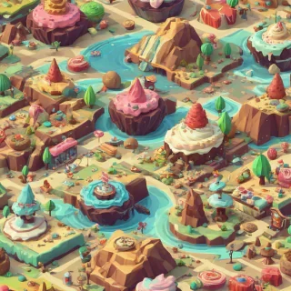 cartoon low-poly art style, of a dessert land