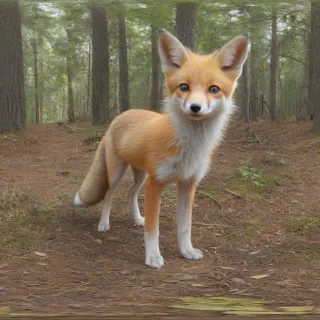 A full-body view of a baby fox with orange and white fur, standing in a forest , with a wide-angle shot and soft, natural lighting, in a digital art style with bold lines and vibrant colors, and the fox's feet and tail are visible