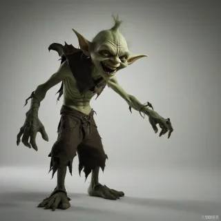A grotesque, green, full-body view of a goblin, with sharp teeth and pointed ears, wearing tattered clothing, standing on a plain white background, in a wide shot, with a dramatic backlight and dynamic shadows, in the style of a dark fantasy digital illustration, on a plain white background, even lighting 