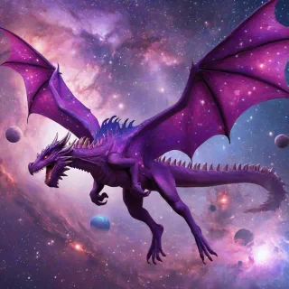 A large, majestic purple dragon with iridescent scales and wings spread wide, flying through the galaxy with stars and planets in the background, in a wide shot with the dragon's feet and tail visible, on a plain white background, in a digital art style with vibrant colors and dynamic lighting