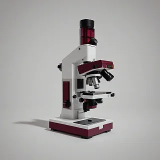 A detailed, full-body view of a microscope, a key piece of scientific equipment, rendered in a pixel art style and primarily colored in burgundy, set against a plain white background, with a wide-angle shot and dynamic shadows, in the style of 8-bit video games, on a plain white background, even lighting 