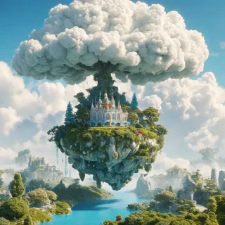 A whimsical, Azure floating island, adorned with fluffy white clouds and vibrant greenery, in a wide shot, full-body view, with a soft, warm backlight, and dynamic shadows, in the style of Rococo, with intricate details and ornate patterns, on a plain white background