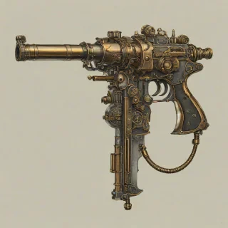 A intricately designed steampunk-inspired weapon, with brass and copper accents, set against a plain white background, rendered in a charcoal sketch style, with fine lines and shading, full-body view, wide shot, with visible textures and details, in a vintage, industrial atmosphere, with a sense of nostalgia and innovation, on a plain white background, even lighting