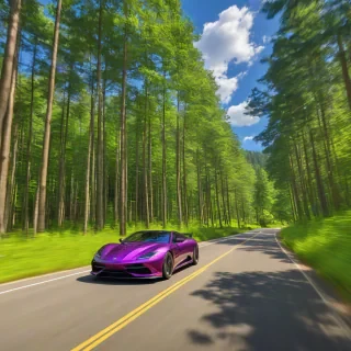 A sleek, cool purple car with a glossy finish, speeding down a winding road that cuts through a dense, vibrant forest with tall trees and lush green foliage, under a clear blue sky with a few puffy white clouds, in a wide shot with the car's wheels and road visible,  in a digital art style with bold lines and bright colors