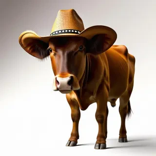 A cow wearing a cowboy hat and standing up