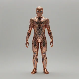 A futuristic, high-tech gadget with a salmon-colored metallic finish, adorned with intricate Afrofuturist patterns and shapes, full-body view, wide shot, on a plain white background, with dynamic shadows and a soft, backlight, in the style of a digital illustration, on a plain white background, even lighting