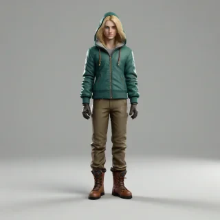 A small RPG character in a T pose, wearing a green jacket, brown pants and shoes, with a hood, blue eyes, blonde hair, and thick gloves, on a plain white background, full-body view, wide shot, feet visible, photorealistic style, on a plain white background, even lighting