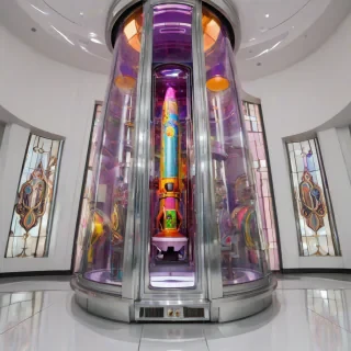 A detailed, full-body view of the glass elevator rocket from Willy Wonka and the Chocolate Factory, with a shiny and reflective surface, against a plain white background, in a wide shot with the elevator's doors open, showcasing its luxurious interior, in the style of a colorful and whimsical illustration, with bright and vibrant colors, and dynamic shadows, with the elevator's propulsion system visible at the bottom, on a plain white background, even lighting 