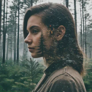 double exposure photography of a woman and a forest