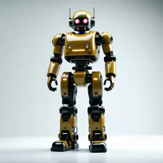 A full-body view of a robot with a khaki color scheme, set against a plain white background, in the style of synthwave art, with neon accents and a futuristic atmosphere, wide shot, with detailed metallic textures and a sense of depth, robot's feet visible