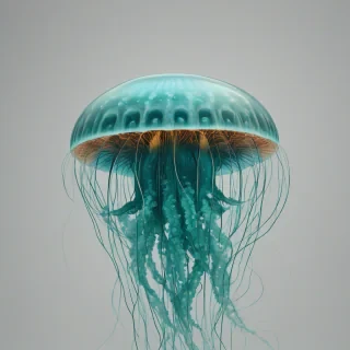 A teal, retro-futuristic, glowing jellyfish, on a plain white background, with even lighting, on a plain white background, even lighting