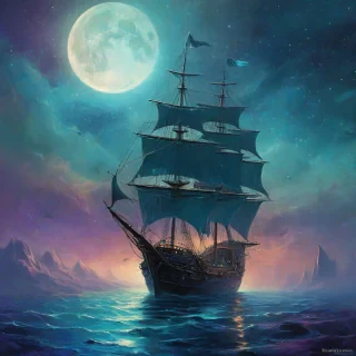 Ethereal Marc Simonetti style: crescent moon, starry night sky, blue steampunk sail ship in mist, cool tones, purple, blue, teal