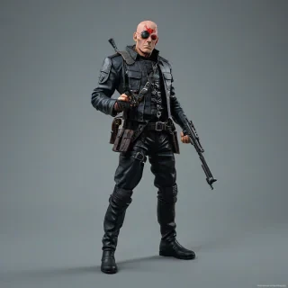 an action figure of character Karl Ruprect Kroenen from Hellboy, full-body view, with its full SS officer clothing, aiming with a Luger pistol, with accessories such as pistol holster, tonfa knives to his sides and chest bullet straps, on a plain white background, even lighting