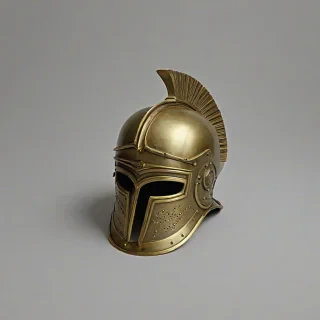 brass Corinthian helmet, on a plain white background, even lighting