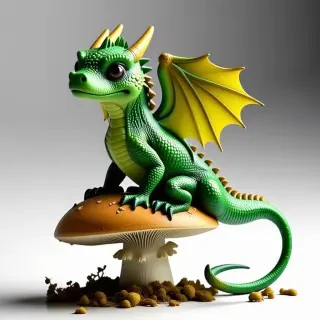 small green dragon sitting on a mushroom