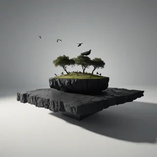 A photorealistic, black, floating island, with a wide shot, full-body view, set against a plain white background, with dynamic shadows and a hard rim light, in a cinematic style, with a bird’s eye view perspective, on a plain white background, even lighting 