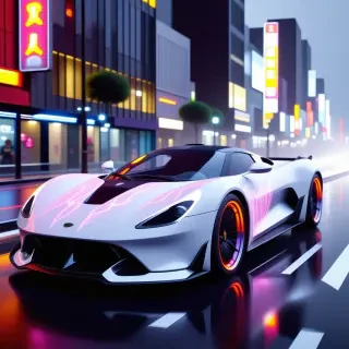 a sleek, futuristic white car with neon purple flames painted on it in electric orange, set against a dark, neon-lit cityscape at night, with a rocket engine visible under the hood