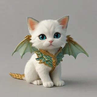 chibi style kitten with dragon wings, on a plain white background, even lighting