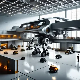 A futuristic mech construction bay building with a metallic and sleek design, featuring large windows and a high ceiling, with mechs in various stages of construction, set against a plain white background, in a wide shot with the entire building visible, with a focus on realism and detail, in a digital art style with vibrant colors and dynamic lighting, with a sense of activity and energy, for a real-time strategy game