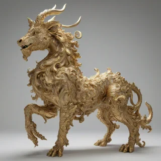 A highly detailed, intricately rendered mythical creature, in the elaborate and ornate style of baroque art, with gold accents, flowing curves, and precise textures, set against a plain white background, in a wide shot with the creature's full body visible, including its feet, with dramatic lighting and dynamic shadows, reminiscent of the works of Peter Paul Rubens or Caravaggio, on a plain white background, even lighting 