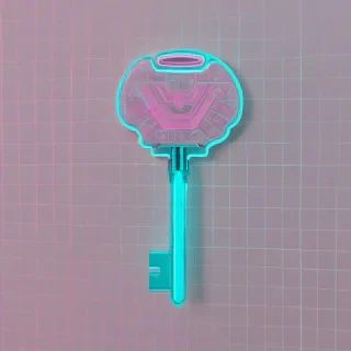 A teal, retro-futuristic key, with a neon glow, in a wide shot, full-body view, on a plain white background, in the style of vaporwave, with a grid pattern and Japanese characters in the background, with a dreamy, nostalgic atmosphere, and a soft, pastel color palette