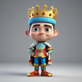 3d cartoon animation king, dressed in royalty clothing, wearing crown, big eyes, short body, rounded features, smirk on his face, full body visible, vivid colors, on a plain white background, even lighting