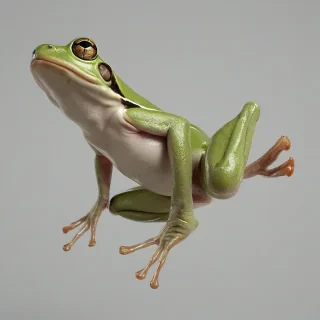A green frog in a full-body view, on a plain white background, with its long tongue extended catching a fly in mid-air, photorealistic style, with detailed texture and realistic lighting, wide shot with the frog's feet visible, on a plain white background, even lighting 