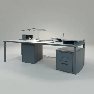 3d cartoon animation  of an oversized metal office desk, on a plain white background, even lighting