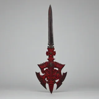 Red brutalist sword, wide shot, full-body view, on plain white background