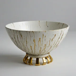 abstract decorative bowl, with gold peg feet, on a plain white background, even lighting