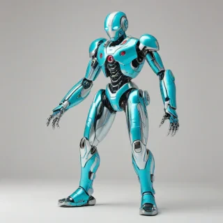 A shiny, cyan, pop art style robot with a futuristic body, standing in a wide shot with its feet visible, on a plain white background, with bold lines, bright colors, and graphic patterns, in a full-body view