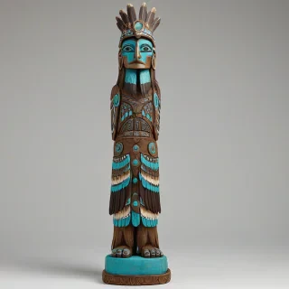 A detailed, realistic totem pole, set against a plain white background, in the style of Pacific Northwest Native American art, with vibrant turquoise feathers and accents, full-body view, wide shot, with intricate carvings and patterns, in a realistic and earthy tone, with a sense of depth and texture