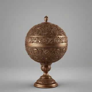 Bronze ball with intricate carvings, full-body view, on a plain white background, digital art style, on a plain white background, even lighting 